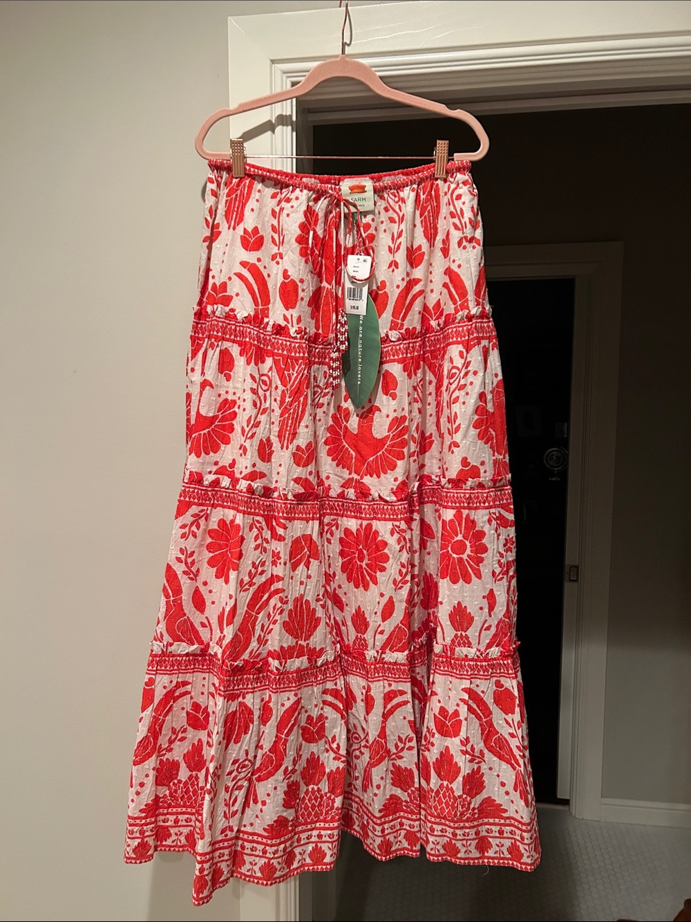 Farm Rio NWT Boho Tiered Midi Skirt in Orange Floral with Birds